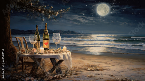 A bottle of champagne with two glasses on a table on the beach, full moon, New Year's Eve, illustration photo