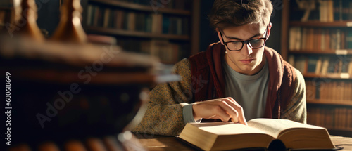 Young man in glasses deeply engrossed in a book, in a library.