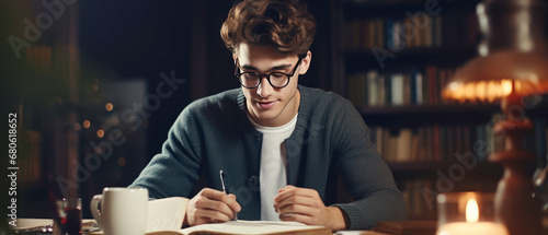 Young man in glasses deeply engrossed in a book, in a library. © Lidok_L