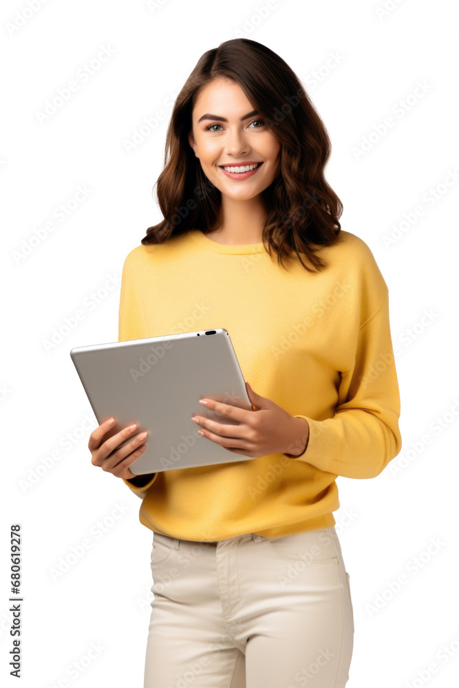 woman holding tablet while smiling on transparent background. png woman holding tablet while smiling on transparent background. png