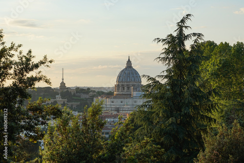 City view of Rome with St. Peter's Basilica in the distance.