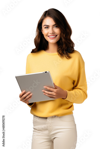 woman holding tablet while smiling on transparent background. png 