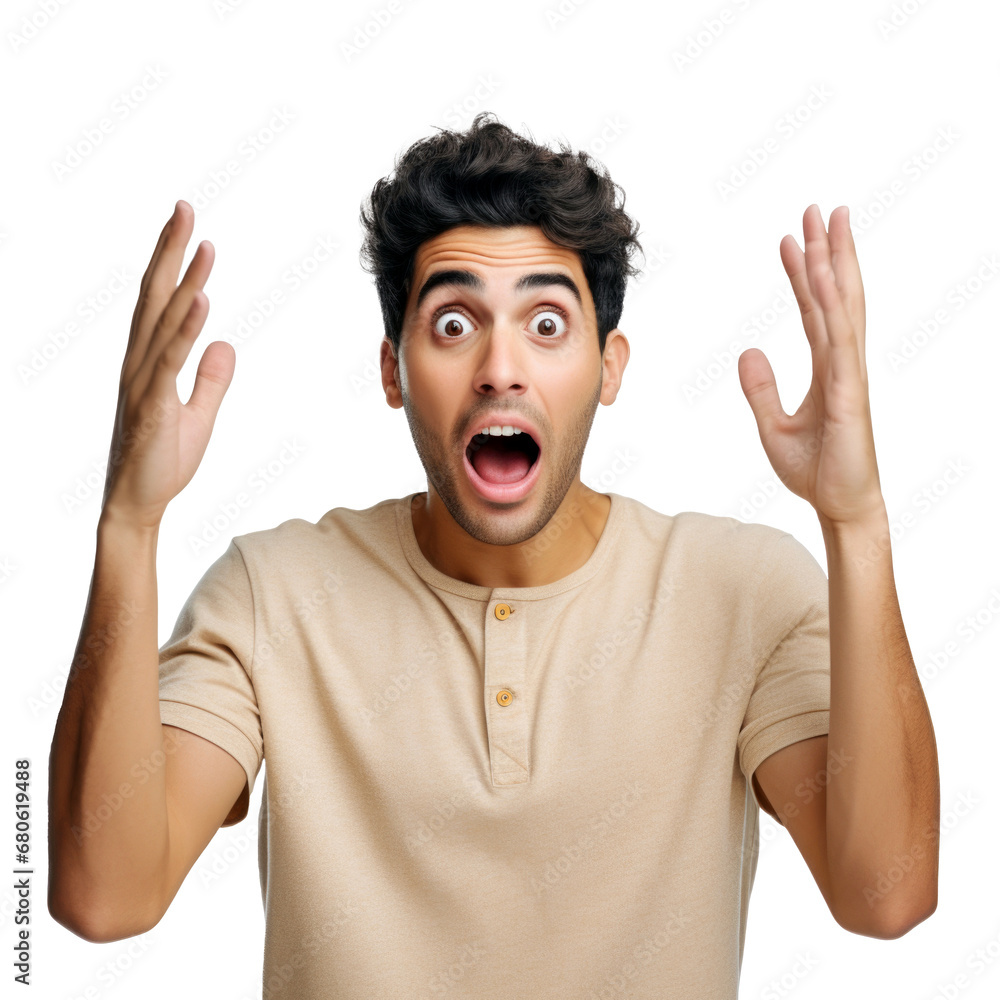 portrait of young man surprised and excited with hands raising up isolated on transparent background. (png) portrait of young man surprised and excited with hands raising up isolated on transparent background. (png)
