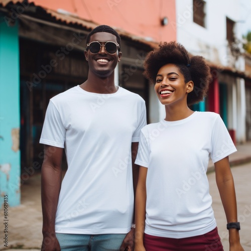 Portrait of a black man and woman in white t-shirts on the street
