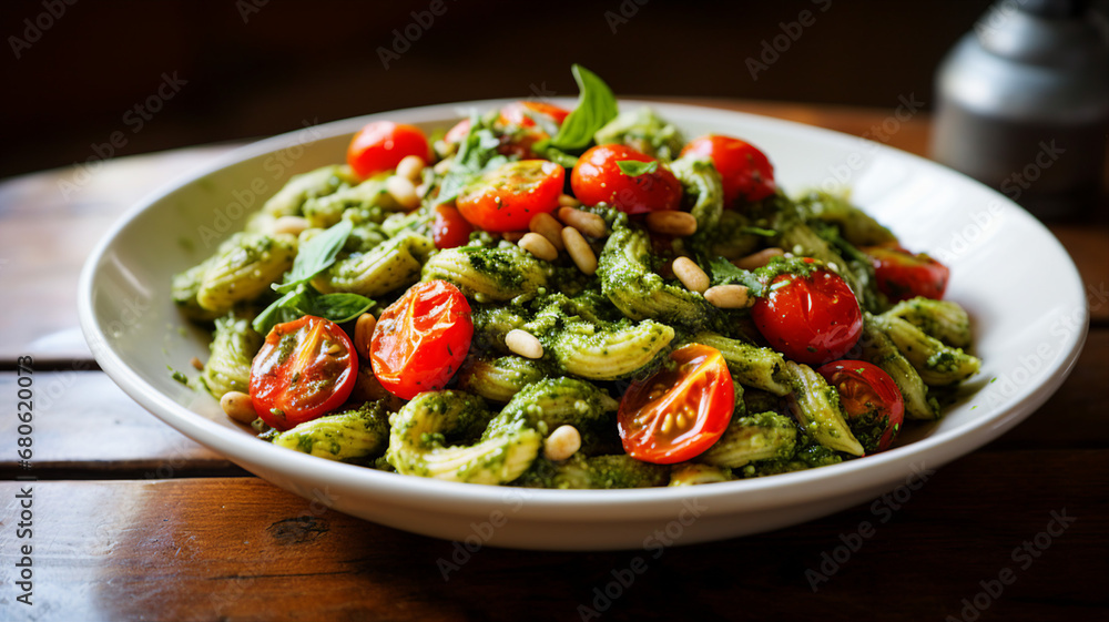 Flavorful Pesto Pasta with Cherry Tomatoes and Pine Nuts