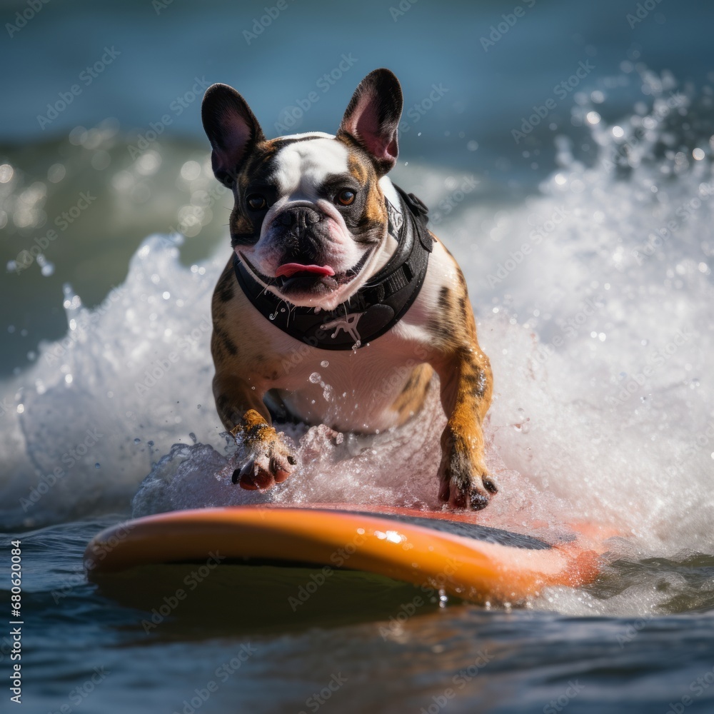 Pug on a surfboard catches a wave