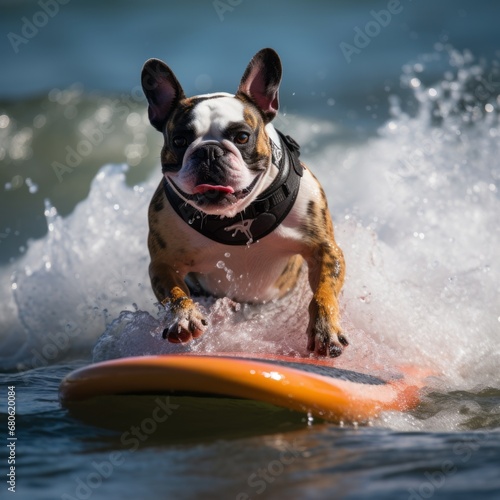 Pug on a surfboard catches a wave