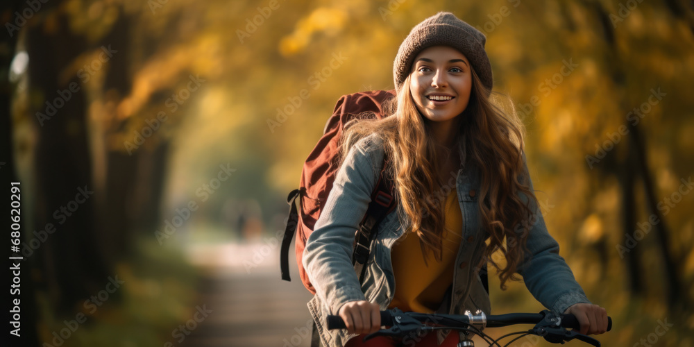 Joyful woman cycling in autumn park, radiant in sunlight. Joyful woman cycling in autumn park, radiant in sunlight.