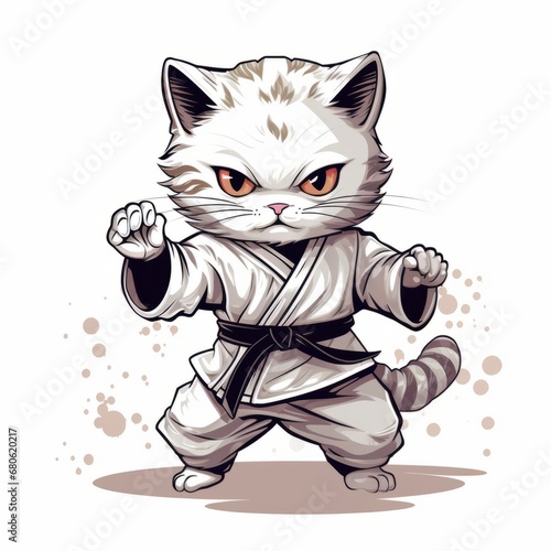 Drawn karate cat on a white isolated background. Oriental martial arts