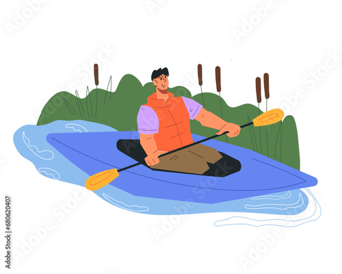 Man tourist on a kayak, flat cartoon vector illustration isolated on background. Travel or use a kayak, kayaking or rafting sport and ecotourism.