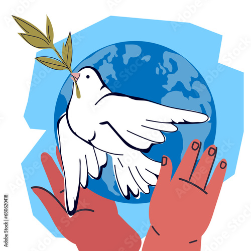 Peace symbol or emblem for World peace day and No war concept, vector illustration isolated on white background. Dove at world globe background.