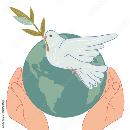 Peace symbol or emblem for World peace day, vector illustration isolated on white background. Symbolism of the dove as a sign of peace and no war concept, goodwill idea.