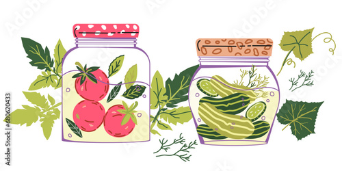 Jars of preserved pickled homemade vegetables, flat vector illustration isolated on white background. Pickled cucumbers and tomatoes canned food in glass. Grocery banner or textile print.