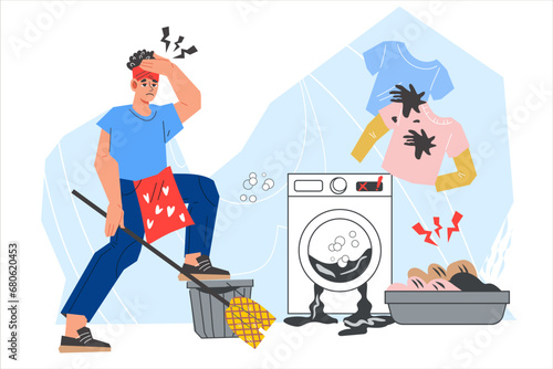 Woman exhausted from endless household chores and house cleaning, flat cartoon vector illustration on a white background. Reduce housewives workload and balance in home life concept.