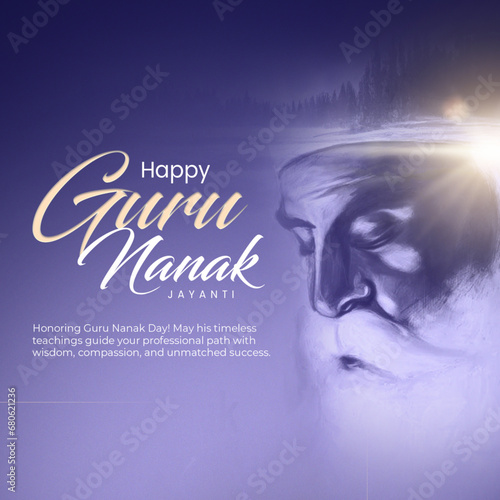 Poster celebrating Guru Nanak Jayanti, featuring a portrait of Guru Nanak and festive elements on a purple background