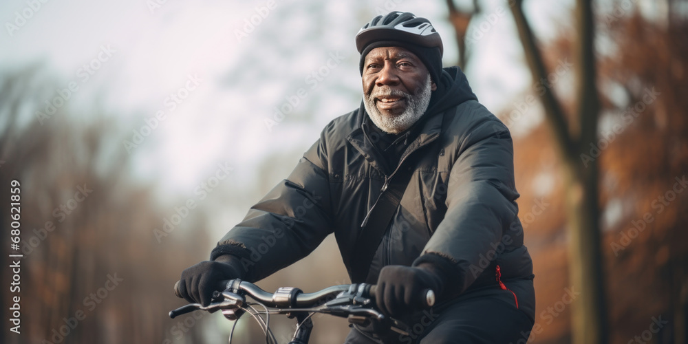 Fototapeta premium Leisurely bike ride by an older man in a park, dressed in black with a beanie.