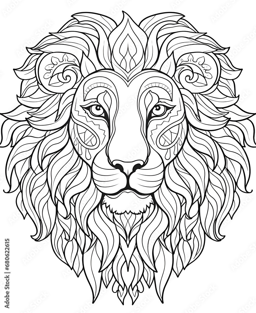 Fototapeta premium Mandala, black and white illustration for animal coloring, lion.