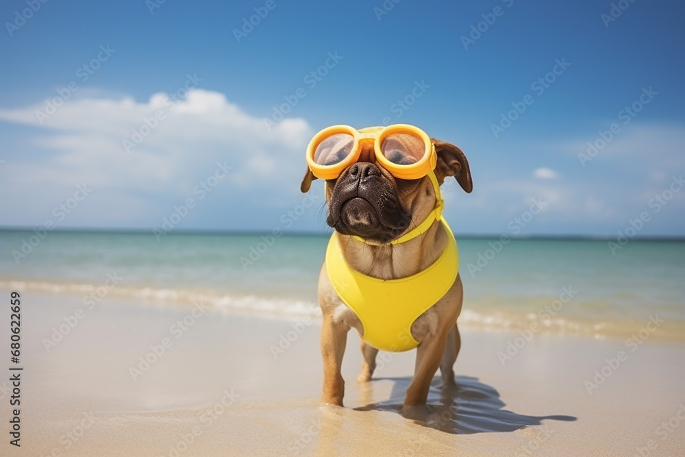 Dog ready for swimming, vocation, The dog wears a swimming suit and scuba gogles at the beautiful beach.