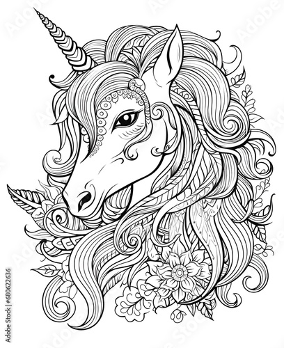 Coloring book, black and white illustration, unicorn. © Oleg