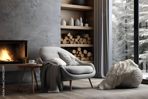 Cozy Grey Chair by the Fireplace - Generative AI