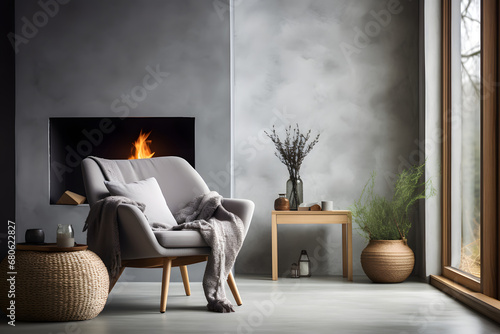 Cozy Grey Chair by the Fireplace - Generative AI