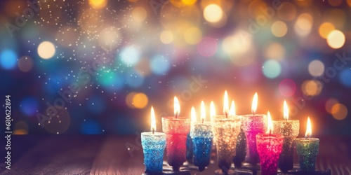 multi-colored holiday candles on a wooden table, against the background of a garland, banner, copy spase photo