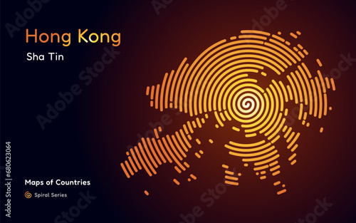 Abstract gold map of Hong Kong with circle lines. identifying its capital city, Sha Tin. Spiral fingerprint series 