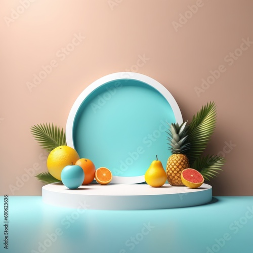 tropical fruit on blue podium with tropical fruits and leaf. 3d illustration, 3d rendering.tropical fruit on blue podium with tropical fruits and leaf. 3d illustration, 3d rendering.3d render of tropi photo