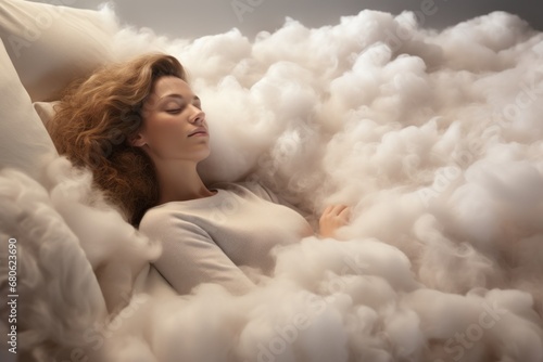 A Serene Dream: Woman Resting in a Bed of Soft, Billowing White Clouds. A woman laying in a cloud of white clouds