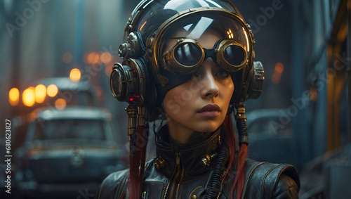 A futuristic dystopian beautiful fashion model donning a steampunk helmet. A blend of futurism, steampunk aesthetics, fashion, and a dystopian atmosphere.