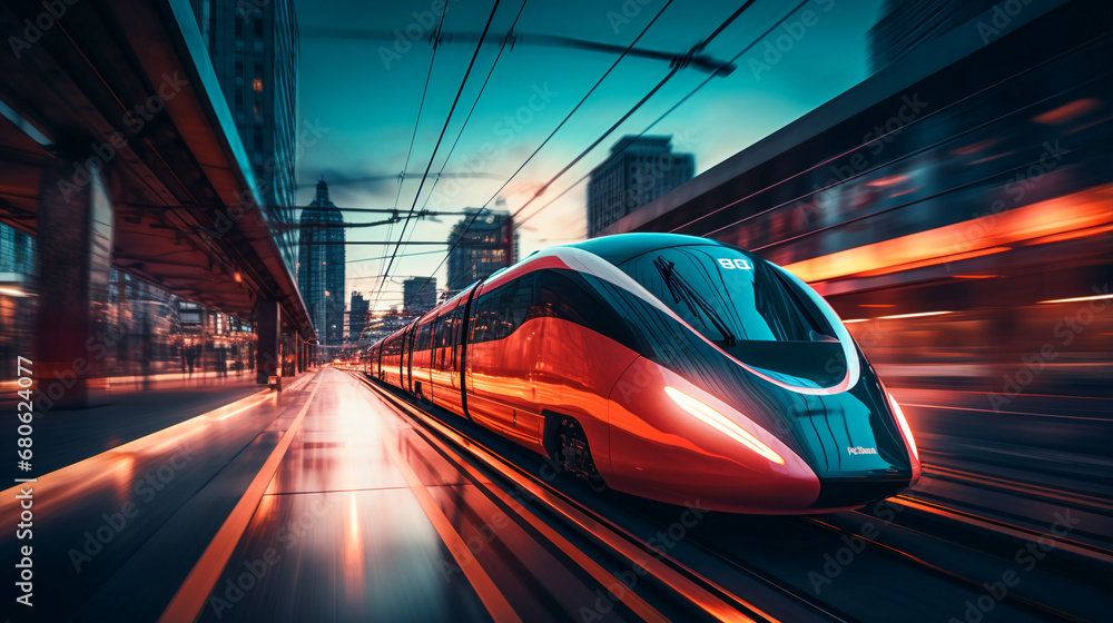 A high-speed train hurtling down a modern railway track A high-speed train hurtling down a modern railway track