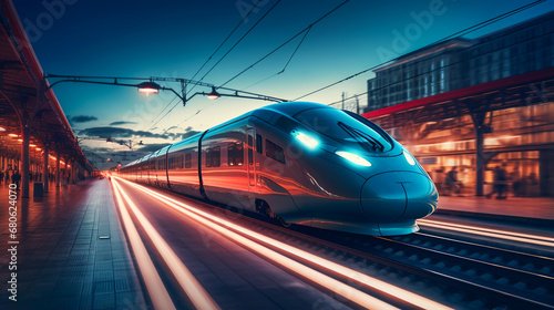 A high-speed train hurtling down a modern railway track