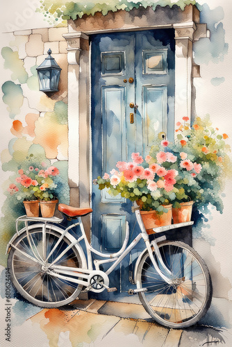Vector bicycle with flowers watercolor paint