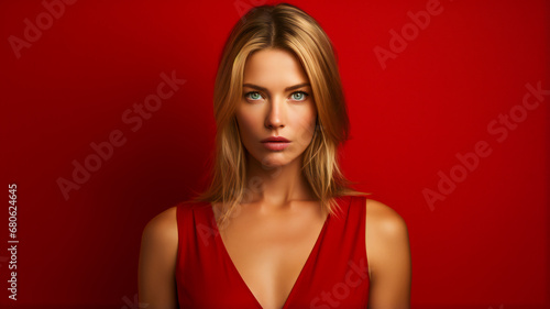 Blonde Woman with Blue Eyes on Red © EwaStudio