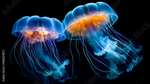 Colorful jellyfish floating in water. AI Generated © EwaStudio