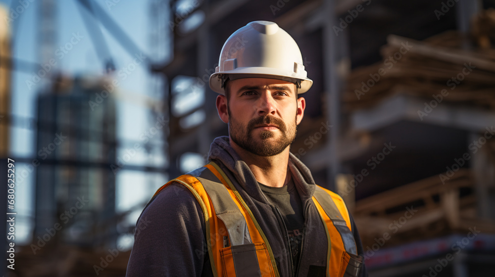 Engineer on a Skyscraper Site. Skyscraper Builder in the Evening Light Engineer on a Skyscraper Site. Skyscraper Builder in the Evening Light
