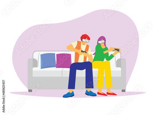 Flat illustration of couple playing virtual reality games. happy couple spending their free time by playing video games