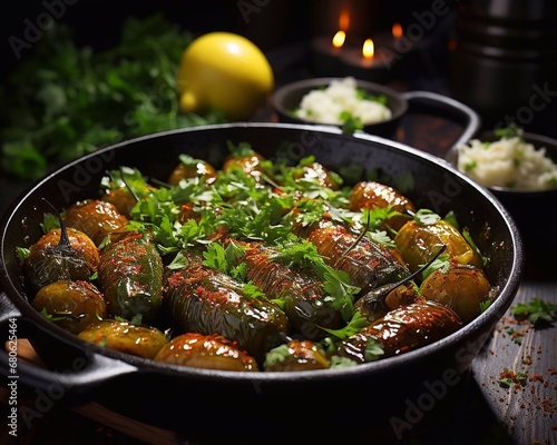 Delicious dolma - stuffed grape leaves with rice and meat in pot on dark background. Traditional Greek, Caucasian and Turkish cuisine. AI generated