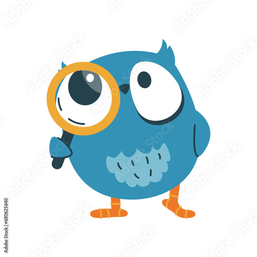 Funny curious owl with a magnifying glass. Vector icon, bird sticker