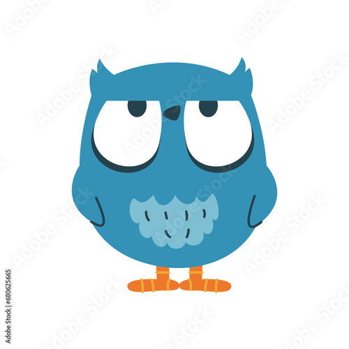 Funny dissatisfied owl, halfclosed eyes. Vector icon, bird sticker