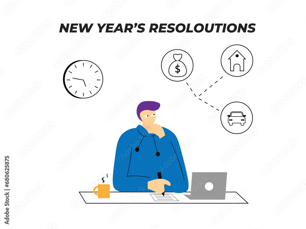 new year's resolutions flat concept illustration on white background new year's resolutions flat concept illustration on white background