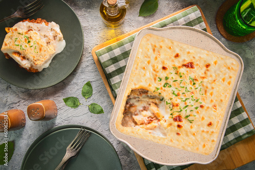 Tableau sur toile Arabic Cuisine; Egyptian traditional baked pasta with béchamel sauce Macaroni Béchamel