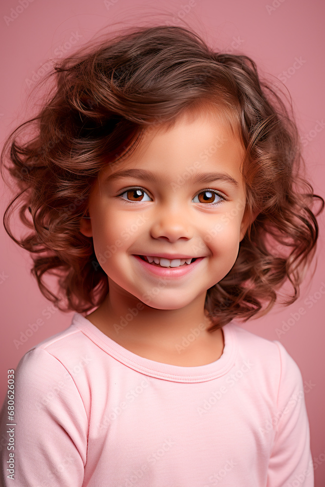 Happy Little Girl Portrait. Joyful Child in a Pink World Happy Little Girl Portrait. Joyful Child in a Pink World