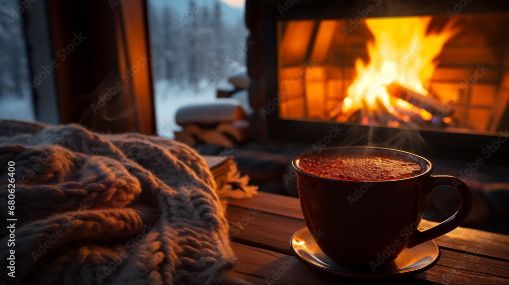 Cup of hot coffee with warm plaid near fireplace at home Cup of hot coffee with warm plaid near fireplace at home