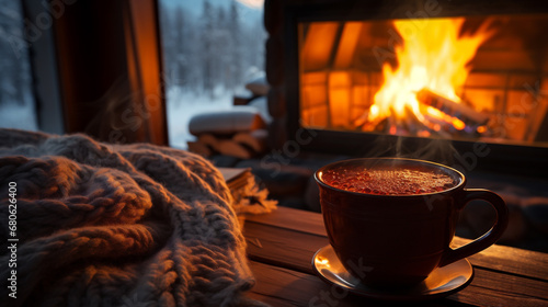 Cup of hot coffee with warm plaid near fireplace at home