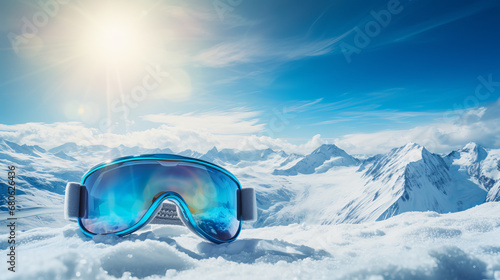 Ski or snowboard goggles lie on the snow against the backdrop of the beautiful Alpine mountains with space for text. photo
