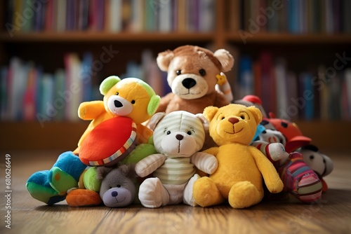 a pile of stuffed animals sitting on top of a wooden floor Generative AI