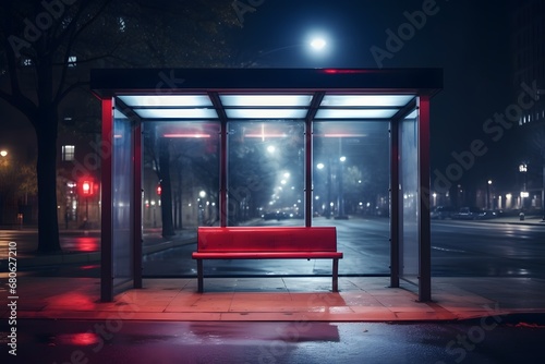 a red bench at a bus stop at night Generative AI photo