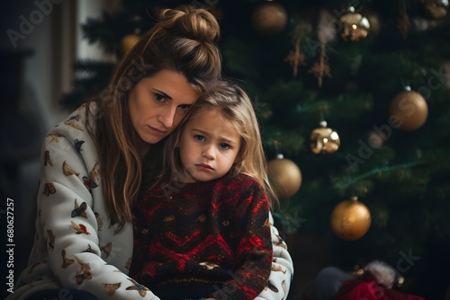 a woman and a little girl sitting in front of a christmas tree Generative AI
