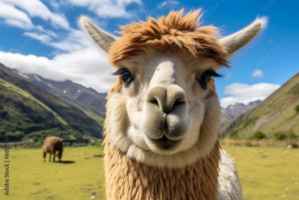 a llama standing on top of a lush green field Generative AI